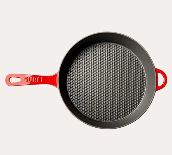 Sürel Degrade Kırmızı 28cm Yuvarlak Cam Kapaklı Demir Döküm Tava - 2