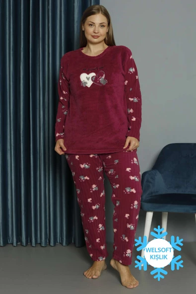 Kalp Desen Welsoft Büyük Beden Pijama Takımı Fuşya