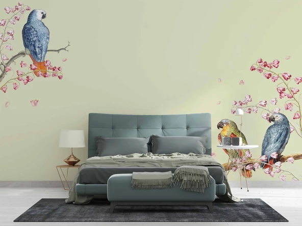 Papağan ve Ağaç Dalı Temalı Duvar Kağıdı - Resim 2