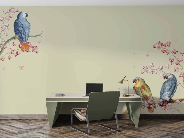 Papağan ve Ağaç Dalı Temalı Duvar Kağıdı - Resim 4