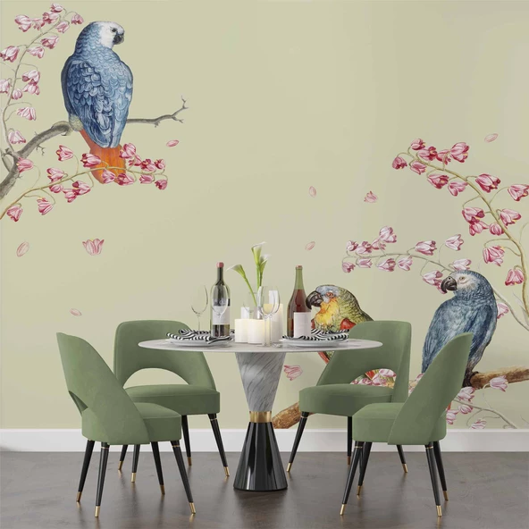 Papağan ve Ağaç Dalı Temalı Duvar Kağıdı - Resim 5