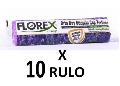 Florex Lavanta Kokulu Büzgülü Orta Boy ( 55x60 Cm ) Çöp Poşeti Mor 10 Rulo