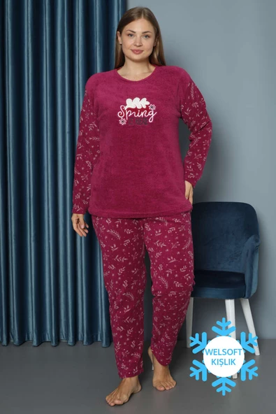 Yapraklı Welsoft Büyük Beden Pijama Takım Fuşya