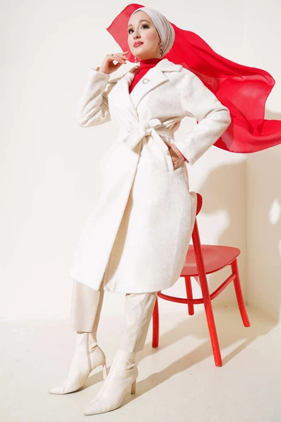 Goldfox Kuşaklı Kaşe Kaban Ekru - Resim 2