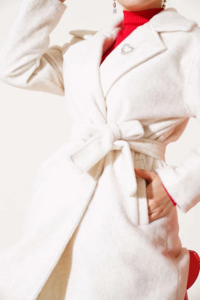 Goldfox Kuşaklı Kaşe Kaban Ekru - Resim 4