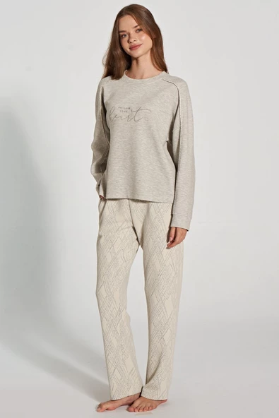 Feyza Kadın Bej Uzun Kol Pijama Takım 5110