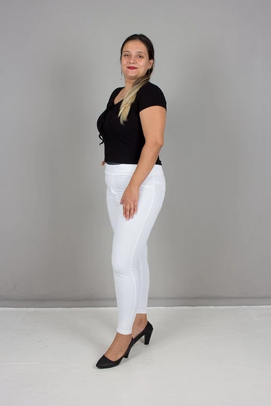 Büyük Beden Tayt Modeli Arka Cepli Pantolon Beyaz - 6
