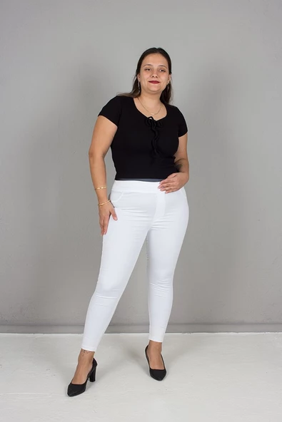 Büyük Beden Tayt Modeli Arka Cepli Pantolon Beyaz - 4