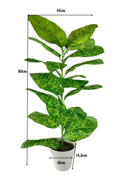 Nettenevime Yapay Çiçek Difenbahya Tropik Sarı Benekli 80cm 23 Yapraklı Salon Çiçeği Beyaz Saksılı Yapay Bitki - Resim 3