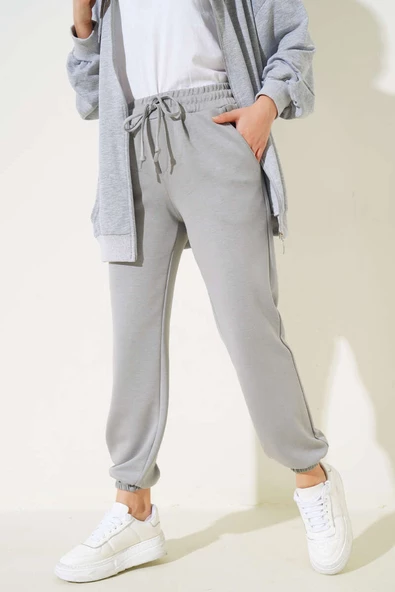 Bel İpli Paça Lastikli Jogger Pantolon Gri - 2