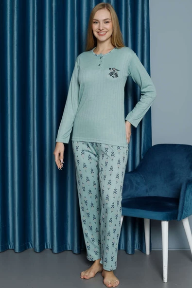 Desenli Kışlık Viscon Pijama Takımı Çağla Yeşili