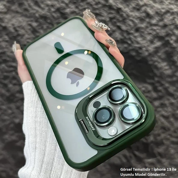 iPhone 13 Uyumlu Kılıf Klon Stantlı + Lens Korumalı MagSafe Kapak - Resim 7