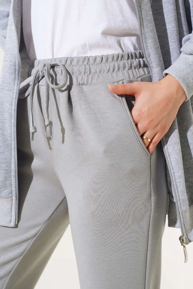 Bel İpli Paça Lastikli Jogger Pantolon Gri - 4