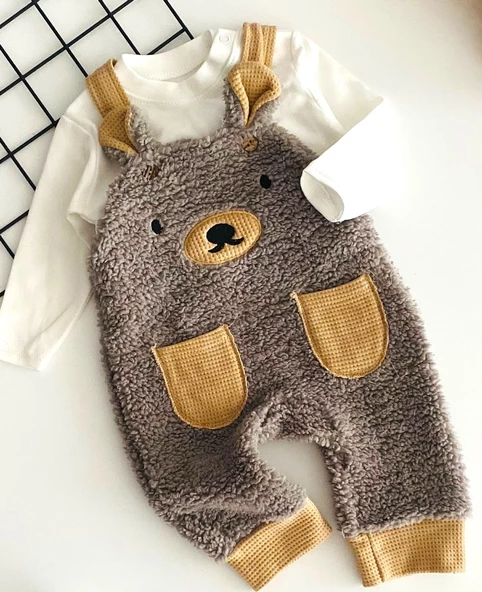 MuratBaby Welsoft Ayıcık Nakışlı Kulaklı Cepli Salopet Takım Gri - 2