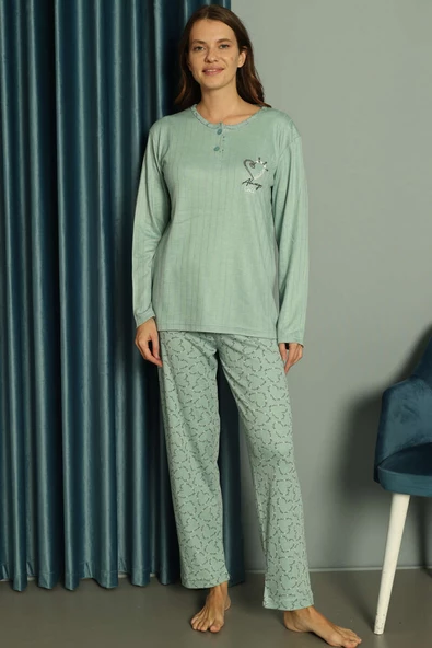 Kalpli Yazılı Kışlık Viscon Pijama Takımı Mint