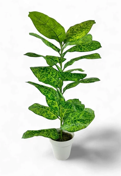 Nettenevime Yapay Çiçek Difenbahya Tropik Sarı Benekli 80cm 23 Yapraklı Salon Çiçeği Beyaz Saksılı Yapay Bitki ürün görseli 1