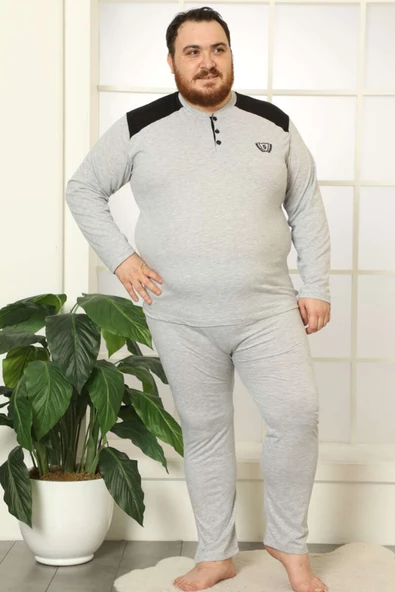 Düğmeli Uzun Kol Büyük Beden Erkek Pijama Takım Gri