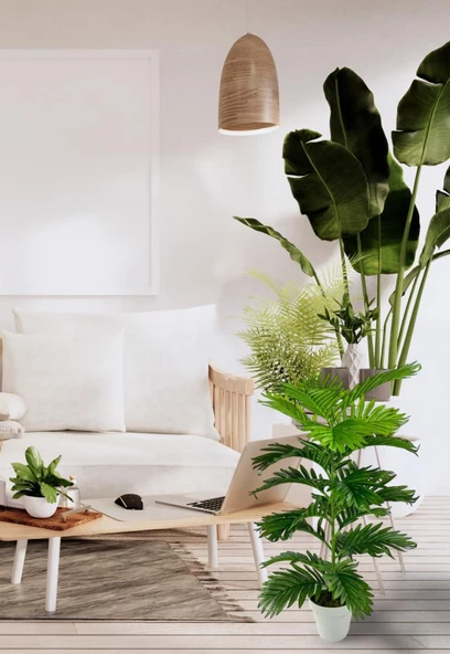 Nettenevime Yapay Çiçek Tropik Areka 80cm 23 Yapraklı Salon Çiçeği Beyaz Saksılı Yapay Bitki - Resim 5