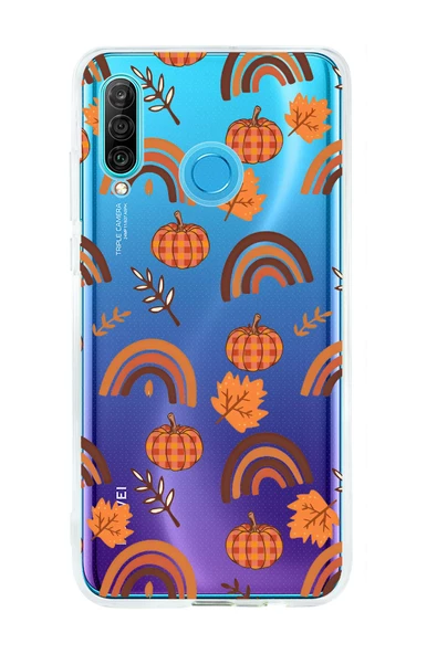 Huawei P30 Lite Uyumlu Sonbahar Desenli Premium Şeffaf Silikon Kılıf