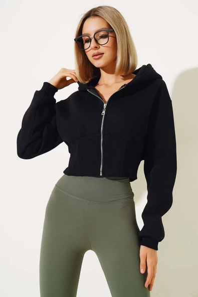 Üç İplik Kapüşonlu Crop Hırka Siyah