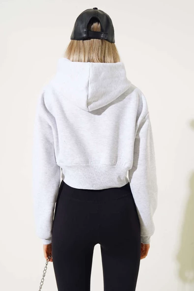 Üç İplik Kapüşonlu Crop Hırka Gri - 3