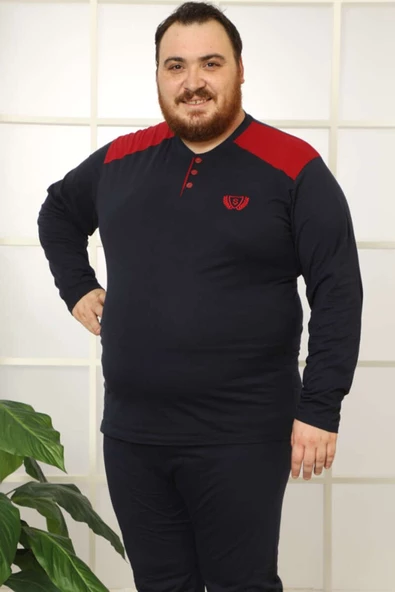 Düğmeli Uzun Kol Büyük Beden Erkek Pijama Takım Lacivert Yeşil - 2