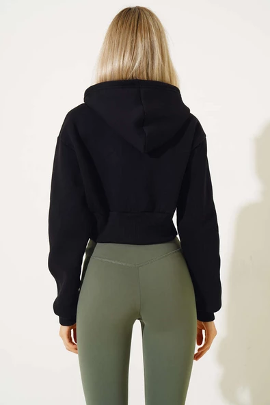 Üç İplik Kapüşonlu Crop Hırka Siyah - 3