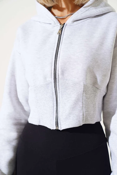 Üç İplik Kapüşonlu Crop Hırka Gri - 4