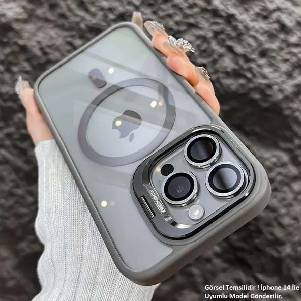 iPhone 14 Uyumlu Kılıf Klon Stantlı + Lens Korumalı MagSafe Kapak - Resim 4