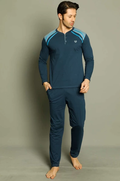 Düğmeli Armalı Erkek Pijama Takımı İndigo
