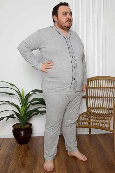 Boy Düğmeli Büyük Beden Erkek Pijama Takımı Gri