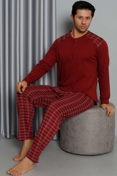 Uzun Kol Ekose Desen Erkek Pijama Takım Bordo