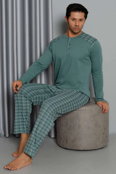 Uzun Kol Ekose Desen Erkek Pijama Takım Çağla Yeşili
