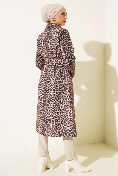 Leopar Desenli Kuşaklı Trençkot Latte - 3