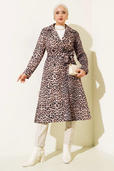 Leopar Desenli Kuşaklı Trençkot Latte - 2