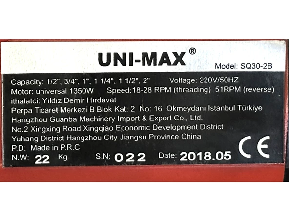 UNI-MAX El Tipi Elektrikli Pafta Makinesi Seti Takımı 1350W SQ30-2B - 2