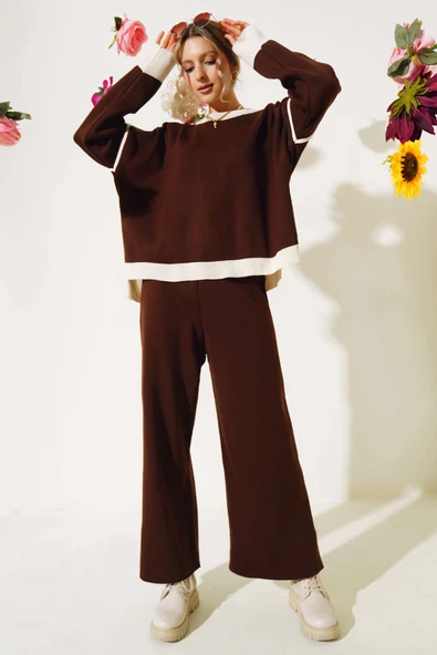 Ribana Detaylı Salaş Triko İkili Takım Kahve