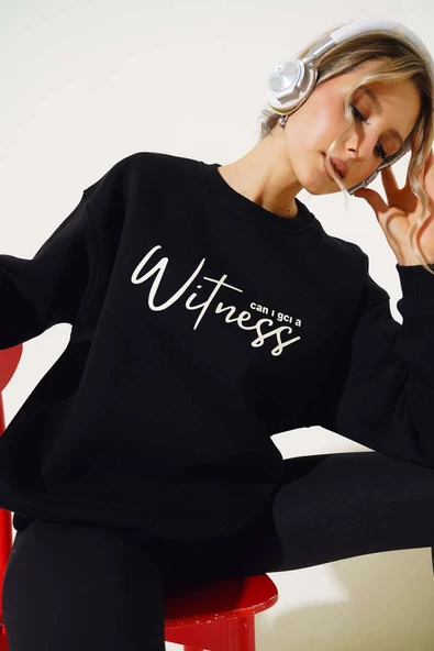 Witness Baskılı Şardonlu Sweatshirt Siyah