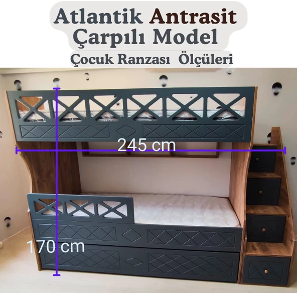 MDF Atlantik Antrasit Çarpılı Model Çocuk Ranzası - 2