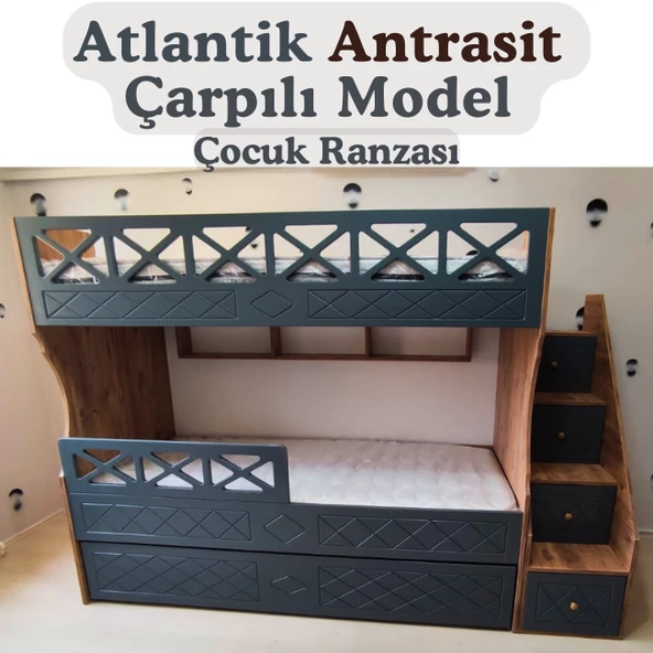 MDF Atlantik Antrasit Çarpılı Model Çocuk Ranzası