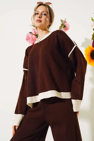 Ribana Detaylı Salaş Triko İkili Takım Kahve - 2