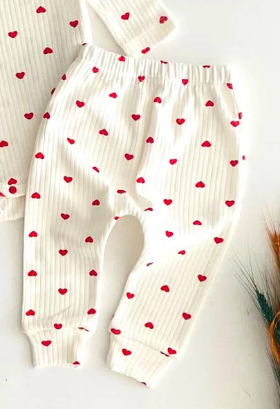 Neşeli Bebekler Fiyonklu Bereli Kalp Baskılı Raporlu Kumaş Üçlü Takım - Resim 3