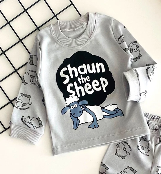 Neşeli Bebekler Baby Koyun Shaun Annesinin Kuzusu Baskılı Pijama Takım Gri - 2