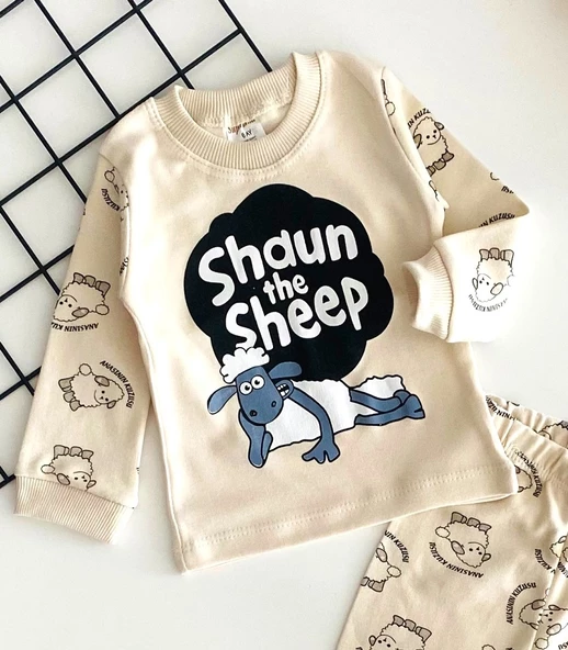 Neşeli Bebekler Baby Koyun Shaun Annesinin Kuzusu Baskılı Pijama Takım Bej - 2