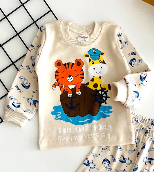 Neşeli Bebekler Baby Sevimli Denizciler Baskılı Pijama Takım Bej - 2