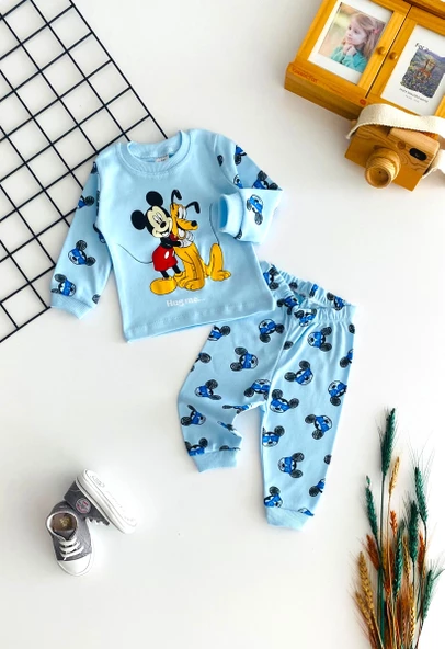 Neşeli Bebekler Baby Mickey ve Pluto Baskılı Pijama Takım Mavi