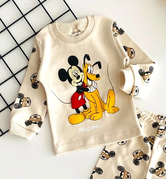 Neşeli Bebekler Baby Mickey ve Pluto Baskılı Pijama Takım Bej - 2