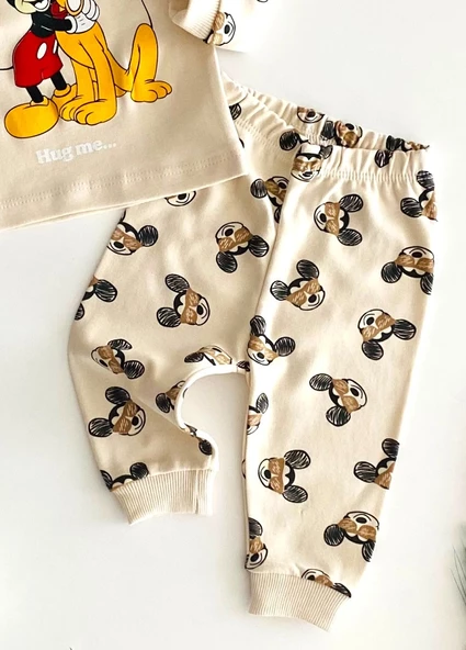 Neşeli Bebekler Baby Mickey ve Pluto Baskılı Pijama Takım Bej - 3