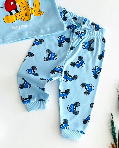 Neşeli Bebekler Baby Mickey ve Pluto Baskılı Pijama Takım Mavi - 3