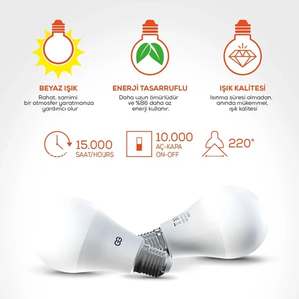 10'lu LED Ampul 9W Beyaz Işık E27 (6500K 220-240V) - 3